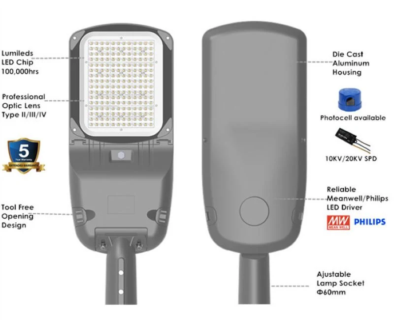 7 Years Warranty Powerful High Lumen Efficacy Anti-Glare Photocell LED Street Lighting